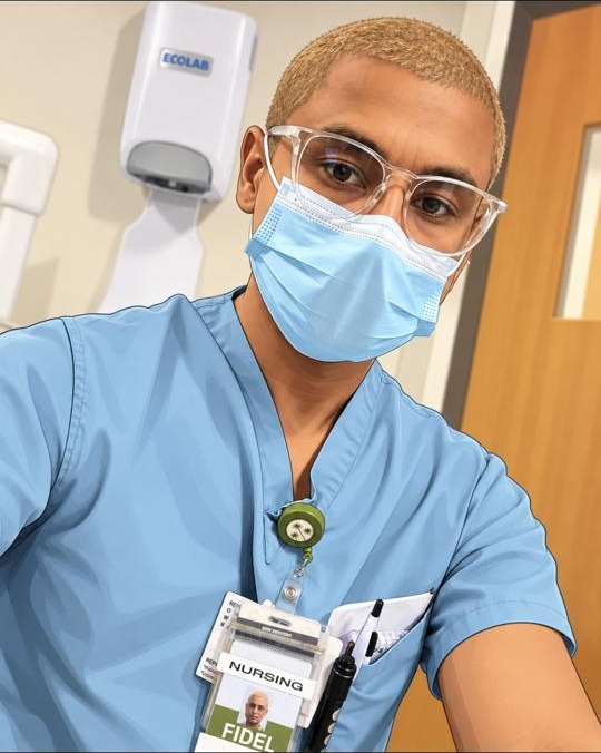 Fidel Toledo wearing blue nursing scrubs, glasses, and a surgical mask